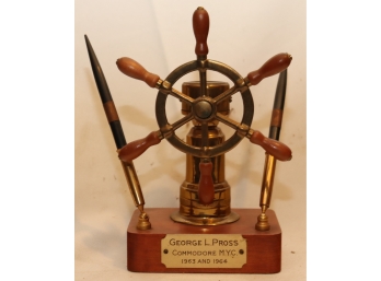 Vintage Desk Top Ships Wheel Compass Dual Pen Holder