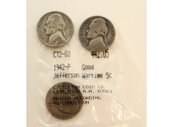 1942-P Jefferson Wartime Nickle Five Cent US Coin **Sealed** Littleton Coin Co.  1943 & 1945