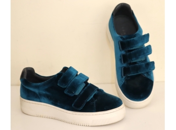 Pair Of Sandro Paris Aqua Blue Velvet Anita Velcro Strap Sneakers SZ 36