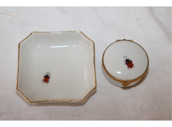 Vintage Limoges France Ladybug Tray And Trinket Box Hand Painted