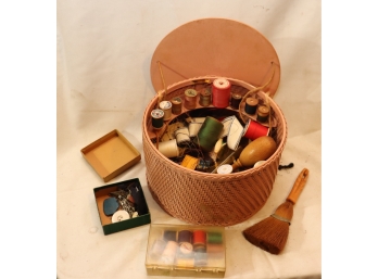 Vintage Sewing Basket With Spools Of Thread Needles And More