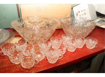 2 Vintage Crystal Glass Punch Bowl Sets