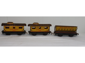 Pair Of  Vintage Marx Train Tin Car #3824 UNION PACIFIC Caboose & Side Dumping Car New York Central #567