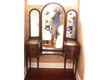 Antique Wooden Vanity With Tri-fold Mirror