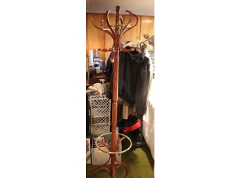 Vintage Wood & Brass Coat Rack Hat Tree Stand Clothes Hanger Hooks W Umbrella Holder