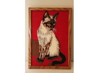 Vintage Framed Needlepoint Of A Siamese Cat