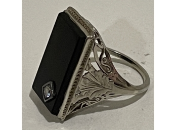 Vintage 14k White Gold Black Onyx And Diamond Ring