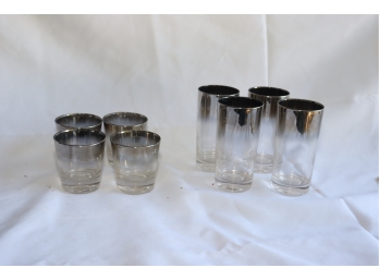 Vintage Set Of 8 Silver Mirrored Top Barware Highball And Lowball Glassware
