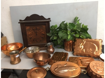 Vintage Copper Assortment-molds, Clock, Bowls , Pitcher And More