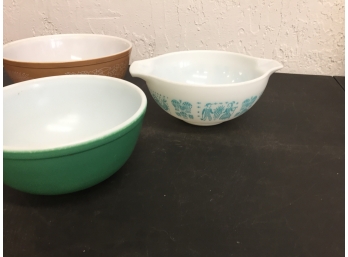 3 Vintage Pyrex- Amish, Woodlawn Brown, Solid Green