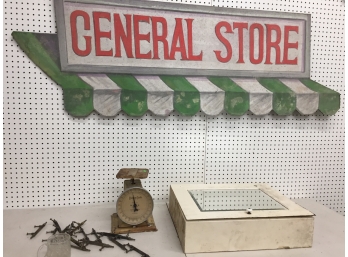 General Store Sign, Vintage Handles, Scale, Metal Medicine Cabinet And Batman Cup