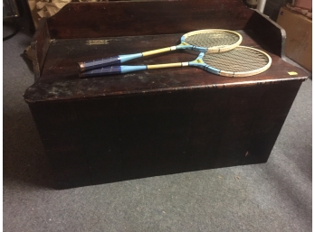 Wooden Storage Bench, 2 Vintage Dradell Rackets