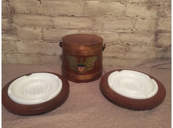 Milk Glass And Wood Vintage Ashtrays And Vintage Bucket With Lid