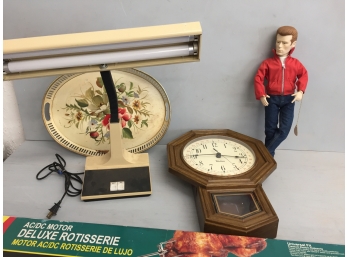 Retro Desk Lamp (works), James Dean Doll, Clock- Untested And More