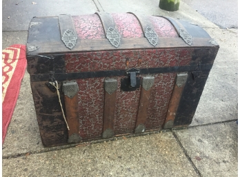 Antique Steamer Chest With Contents- Unusual Red On The Metal