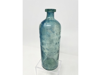 DeLangley's Root & Herb Bitters 99 Union Street Boston - Antique Blue Glass Embossed Bottle - As Is