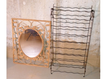 Cane Framed Mirror And Metal Wine Rack