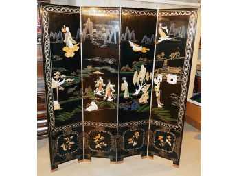 Chinese Lacquered Four-Panel Jade And Hardstone Screen