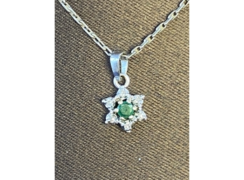 14K White Gold Antique Necklace, Emerald Center With Diamonds