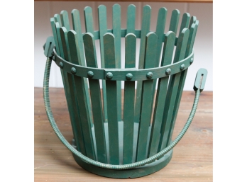 Vintage Green Slated Basket W/ Handle - Needs Repair (G120)