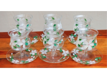 Lot Of 6 HandPainted Vintage Etched Glass Shrimp Cocktail Servers Glass Icers W/ Matching Saucers (G106)