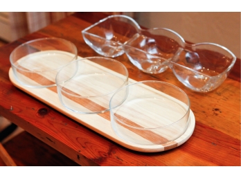 Arabia Design - Serving Tray, Wood, With 3 Glass Bowls, Length 48 Cm. W/ Additional Glass Serving Dish (G107)