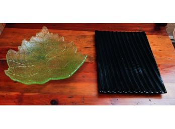Green Maple Leaf Fused Glass Decorative Bowl W/ Black Signed Sushi Plate (G108)
