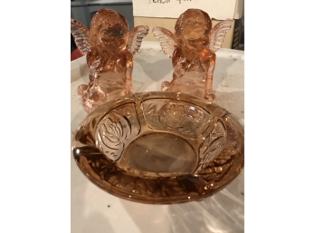 Peach Glass Bowl And 2 Angels