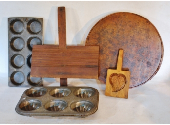Antique Vintage Country Lot Butter Mold & Tin Muffin Pans & Pantry Box Lid & Carpenter's Clapboard Gauge Tool