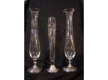Lot Of 3 Etched Glass Bud Vases With Sterling Silver Bases Hallmarked