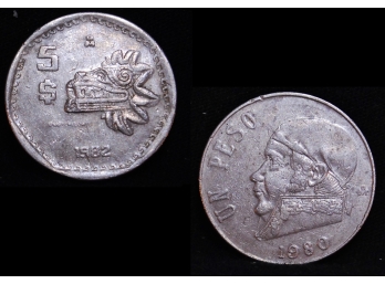 Lot Of 2 Mexican Coins RARE 1982 5 Pesos &  1980 One / Un Peso (sph3)