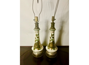 A Pair Of Vintage 1940's/ Early 1950's Ceramic Lamps Hand Painted Floral Design Bronze Base