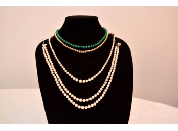 Vintage Chrysoprase And Pearl Necklace Grouping