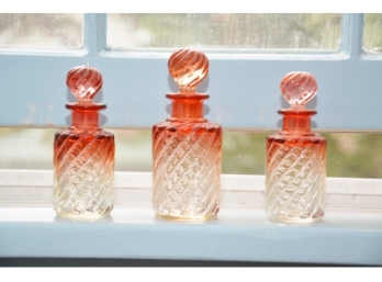 3 Twisted Cranberry Glass 1900's Dresser Bottles- Etched Bottoms