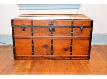 19th Century Iron Banded Pine Trunk With Iron Hardware And Lock- 1870's