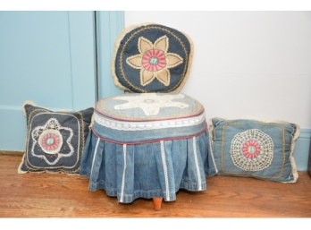 Vintage 1940's Applique Lace And Denim Stool And Pillows