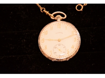 'Illinois' White Gold Filled Pocket Watch With Sterling Chain