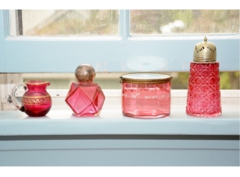 English Cranberry Glass With Sterling Top Perfume Bottles