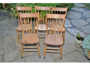1890's Pressed Back Oak Chairs- Set Of 5