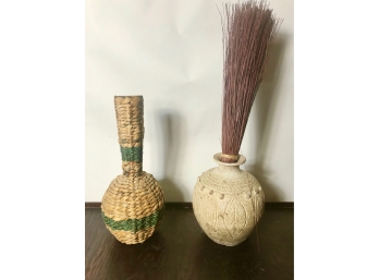 Two  Vases - One Pottery Hand Made In Thailand - One Thick Wicker Weave