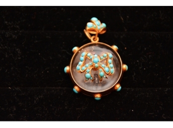 Victorian 14k Gold, Rock Crystal & Turquoise Pendant