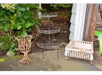2 Vintage Wrought Iron Outdoor Planters And Cast Iron Fireplace Hearth
