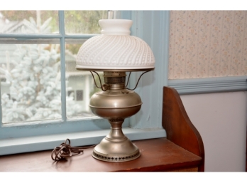 1950's Hobnail Milk Glass And Brass Hurricane Lamp