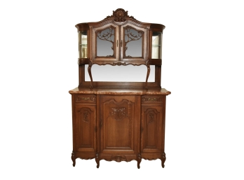 Antique 19th Century Marble Top Tiger Oak Hutch With Mirror Top Curio Cabinet