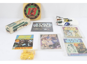 Box Lot Of Collectibles Including Star Wars, Hess, Nascar, Sports.