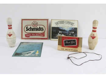 Box Lot Containing Advertising Signs And Bowling Pins