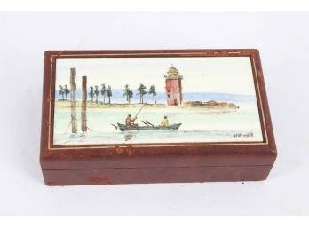 Leather Covered Wood Trinket Box With Painted Tile Embedded In Lid.