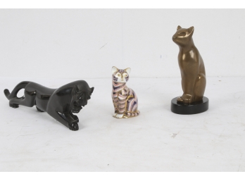 Group Of 3 Cat Sculptures Including Royal Crown Derby And Floyd Dewitt Bronze