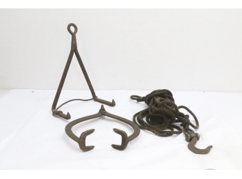 Group Of Antique Iron Hooks And Rope.