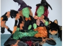 Witches With Wire In Hat And Arms,cloth Legs,purple Hat Snagged,orange Bow Frayed, Spider Wobbly And A Bat